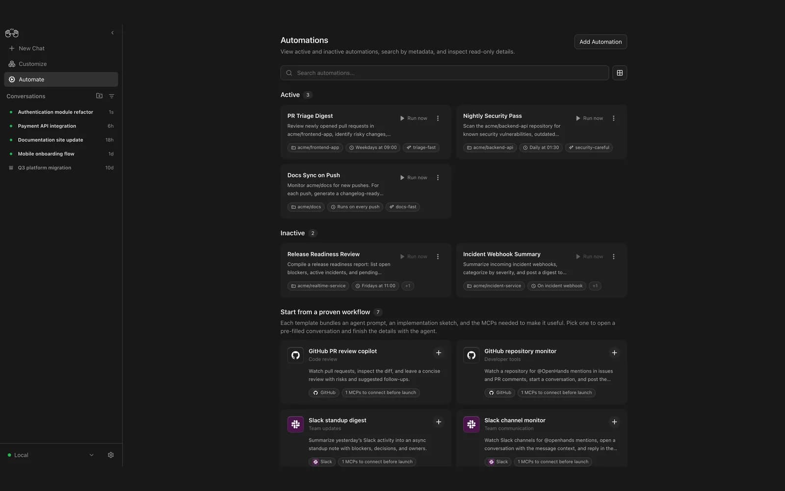 OpenHands Agent Canvas interface screenshot