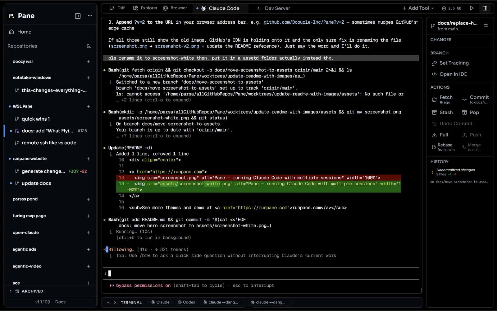 Pane interface screenshot